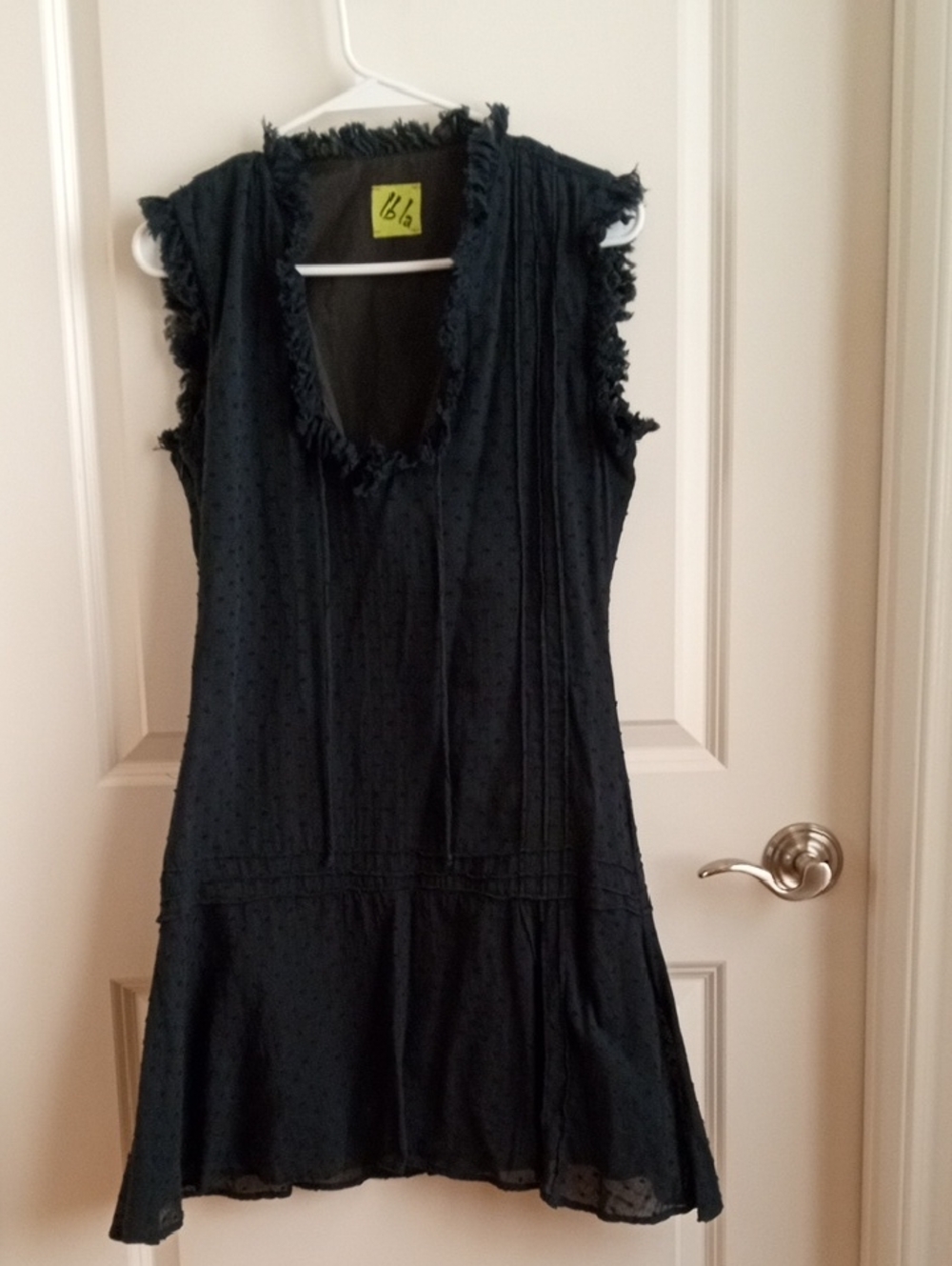 Vintage Black V-Neck Mini Dress with Frayed Detailing. Size Small